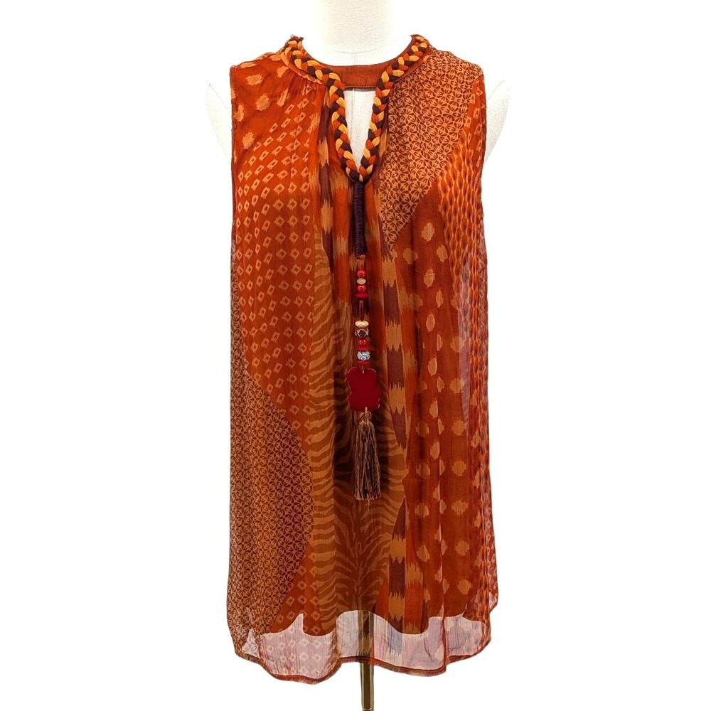 Soft Surroundings Cupro Tunic Top Patchwork Boho Tassel Orange Sleeveless S